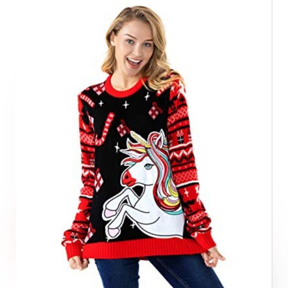 You Look Ugly Today Black Embroidered Unicorn Crew Neck Knit Christmas Sweater - Picture 1 of 14